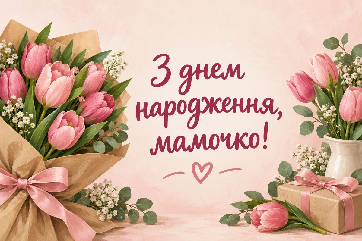 Листівка з днем народження мамі: тюльпани в крафтовому папері з бантом, напис «З днем народження, мамочко!»