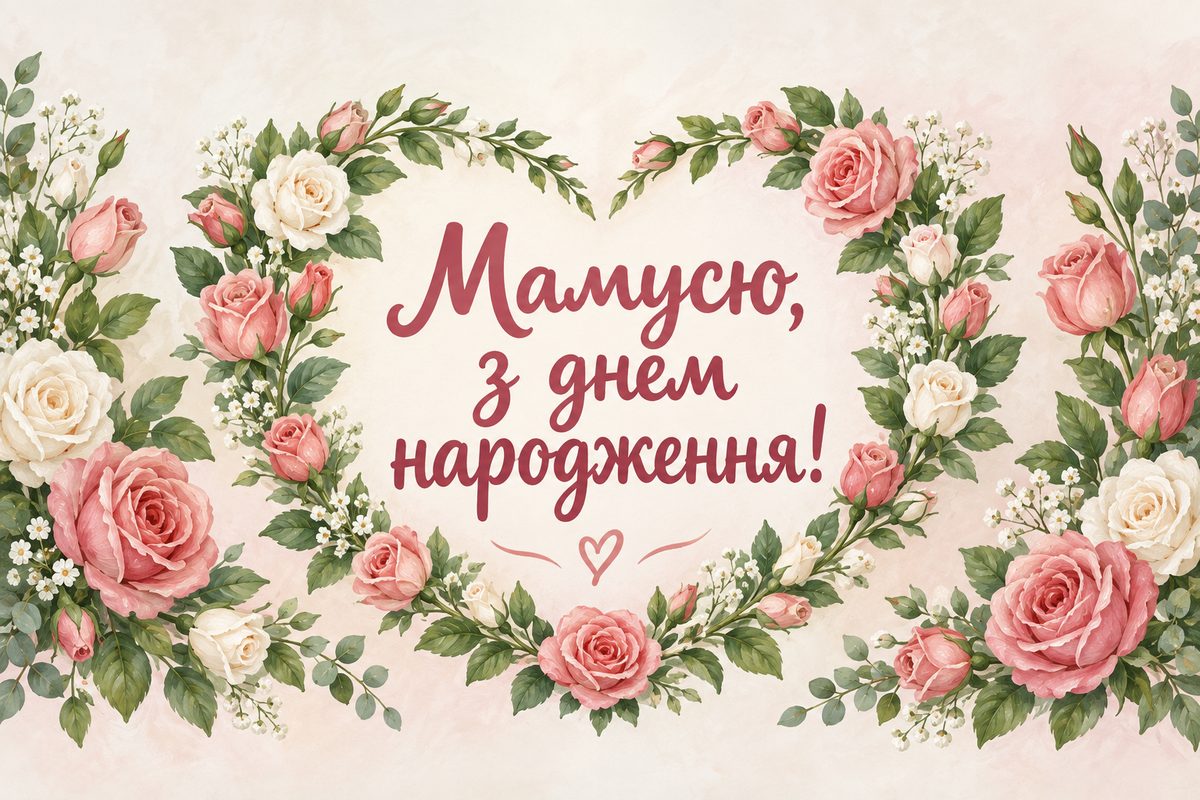 Листівка з днем народження мамі: серце-вінок із садових троянд, напис «Мамусю, з днем народження!»