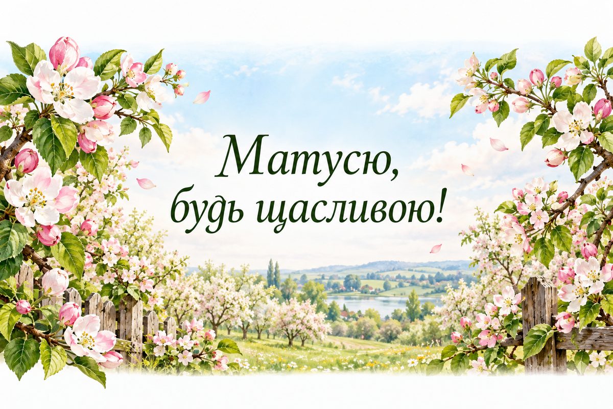 Листівка з днем народження мамі: квітучий яблуневий сад, напис «Матусю, будь щасливою!»