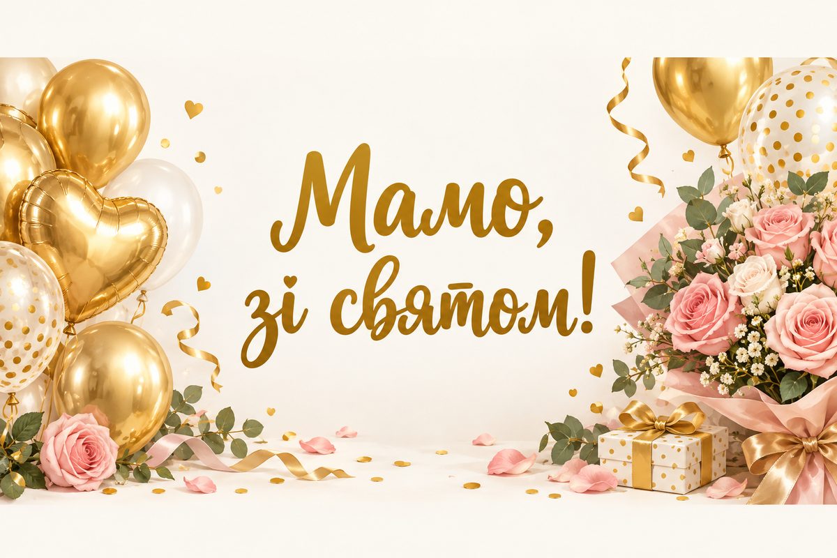 Листівка з днем народження мамі: золоті кульки, конфеті й троянди, напис «Мамо, зі святом!»