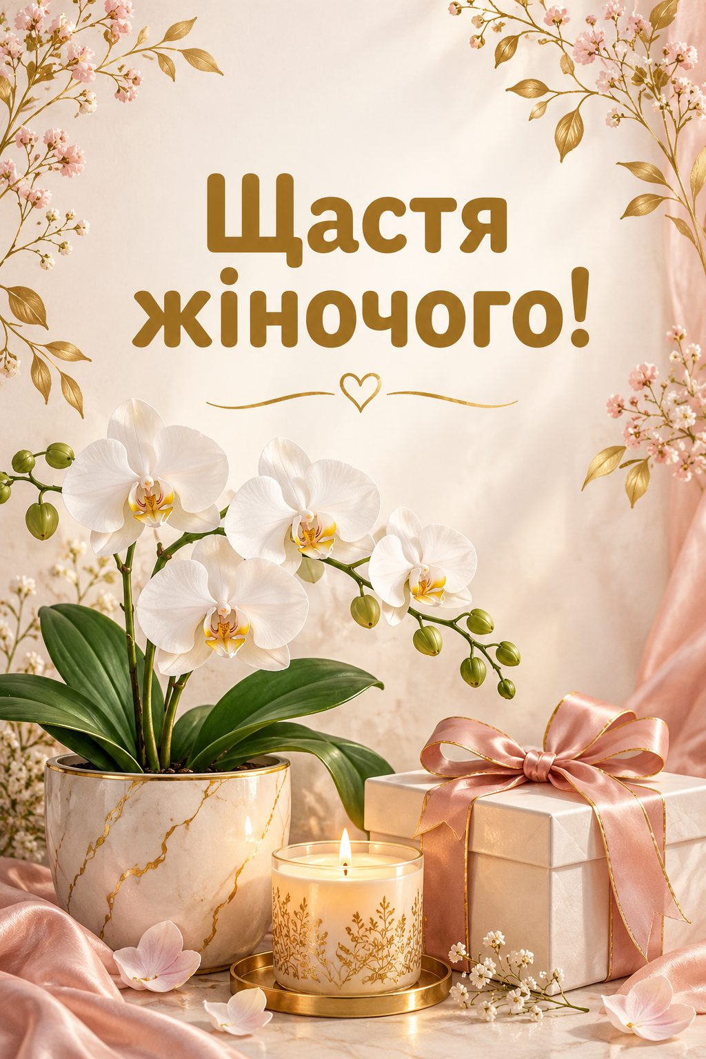 Листівка з днем народження молодій жінці: біла орхідея, подарунок і свічка, напис «Щастя жіночого!»