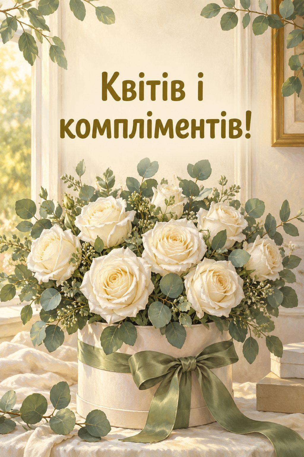 Листівка з днем народження молодій жінці: білі троянди з евкаліптом у капелюшній коробці, напис «Квітів і компліментів!»