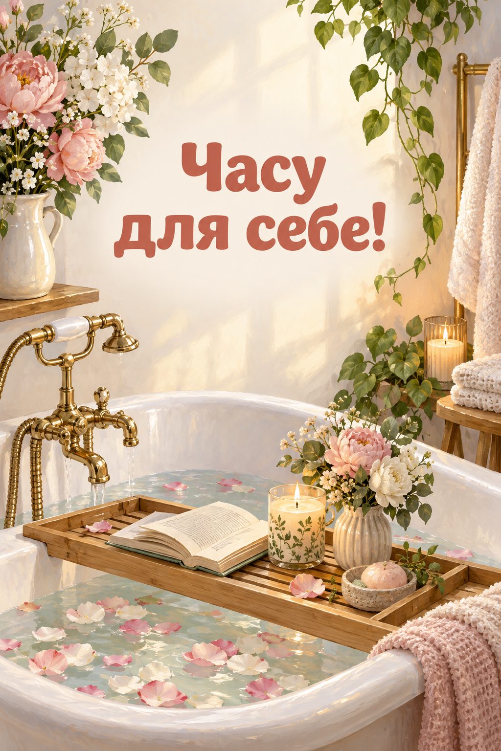 Листівка з днем народження молодій жінці: столик для ванни з книжкою, свічкою й квітами, напис «Часу для себе!»