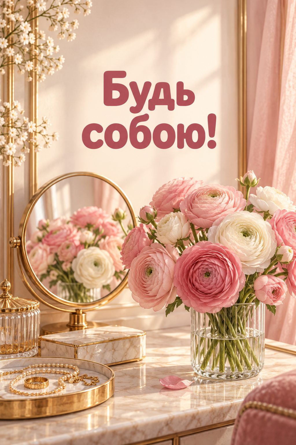 Листівка з днем народження молодій жінці: кругле дзеркало й букет на туалетному столику, напис «Будь собою!»