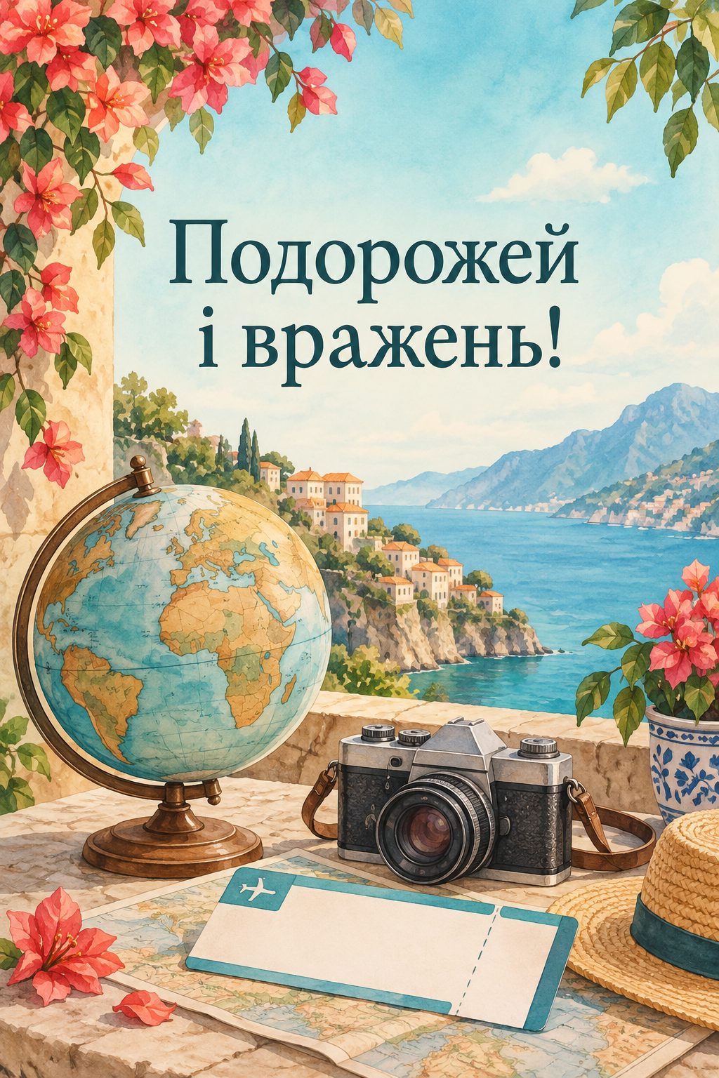 Листівка з днем народження молодій жінці: глобус, фотоапарат і квиток, напис «Подорожей і вражень!»