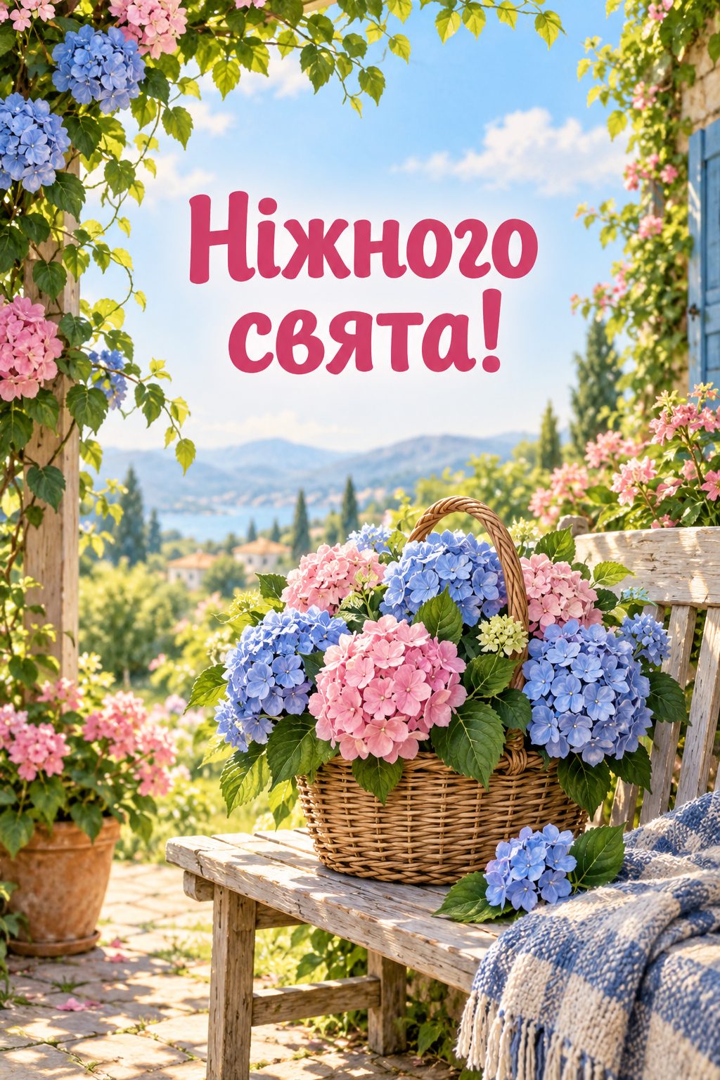 Листівка з днем народження молодій жінці: гортензії в кошику на садовій лавці, напис «Ніжного свята!»