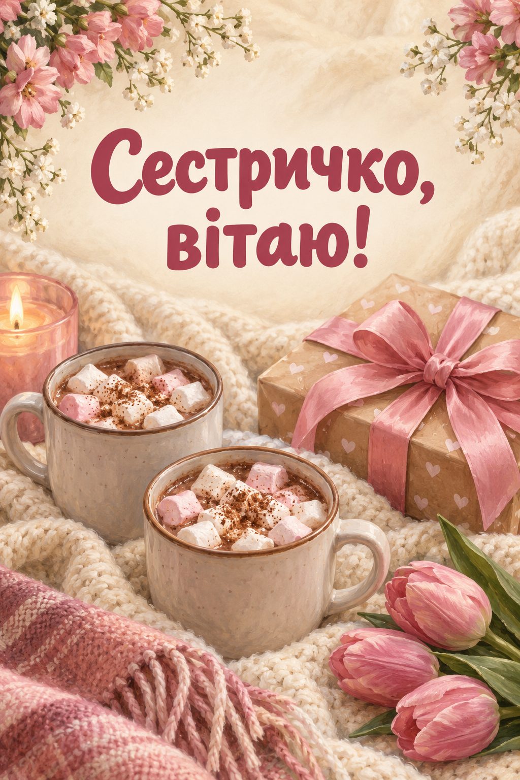 Листівка з днем народження молодій жінці: дві чашки какао й подарунок на пледі, напис «Сестричко, вітаю!»