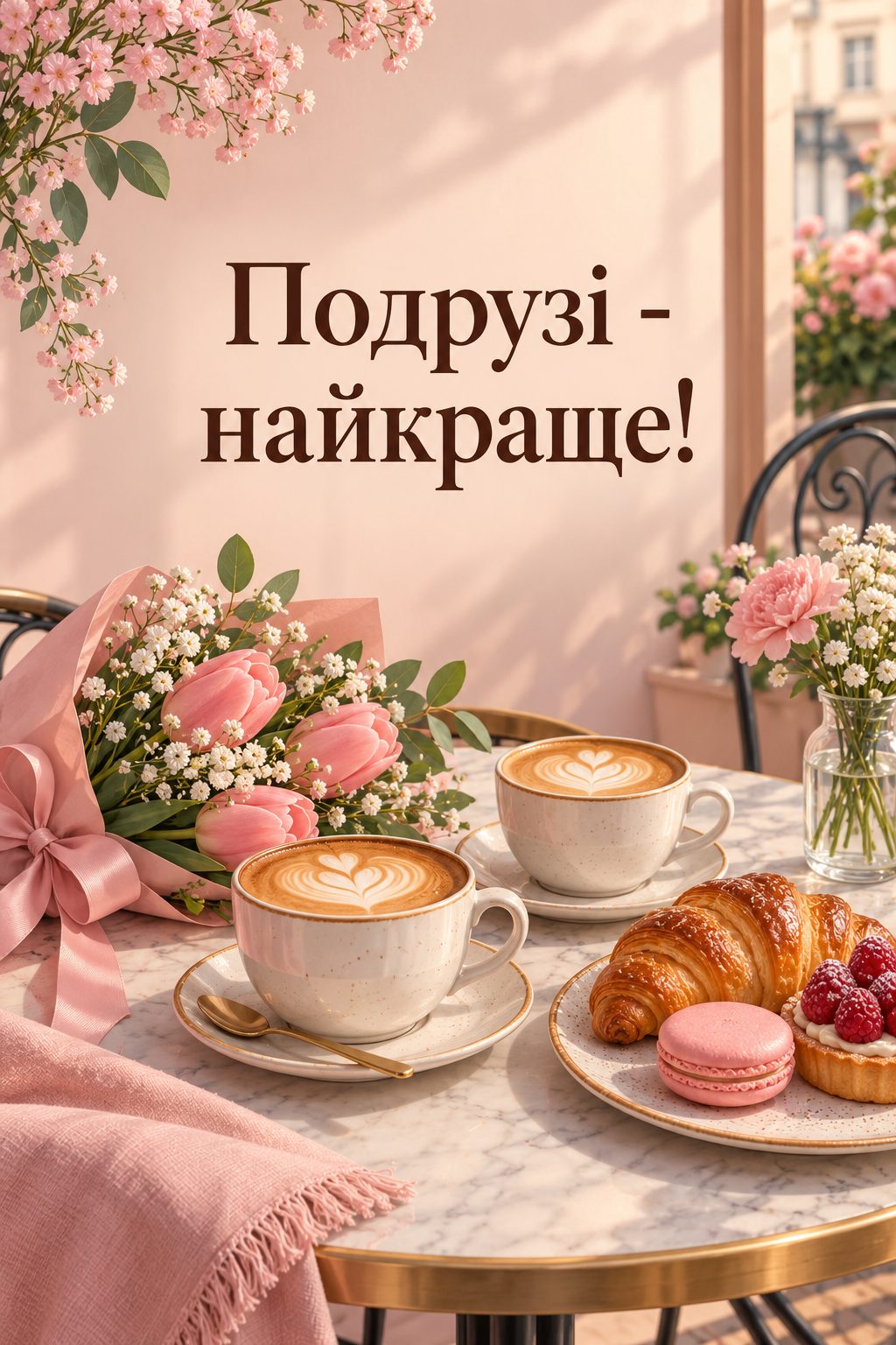 Листівка з днем народження молодій жінці: дві чашки кави, тістечка й букетик у кав'ярні, напис «Подрузі - найкраще!»
