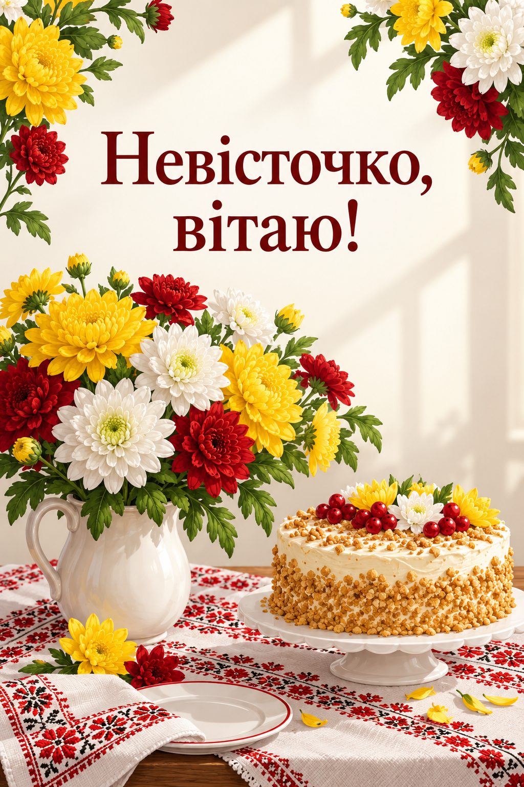 Листівка з днем народження молодій жінці: хризантеми й торт на вишитій скатертині, напис «Невісточко, вітаю!»