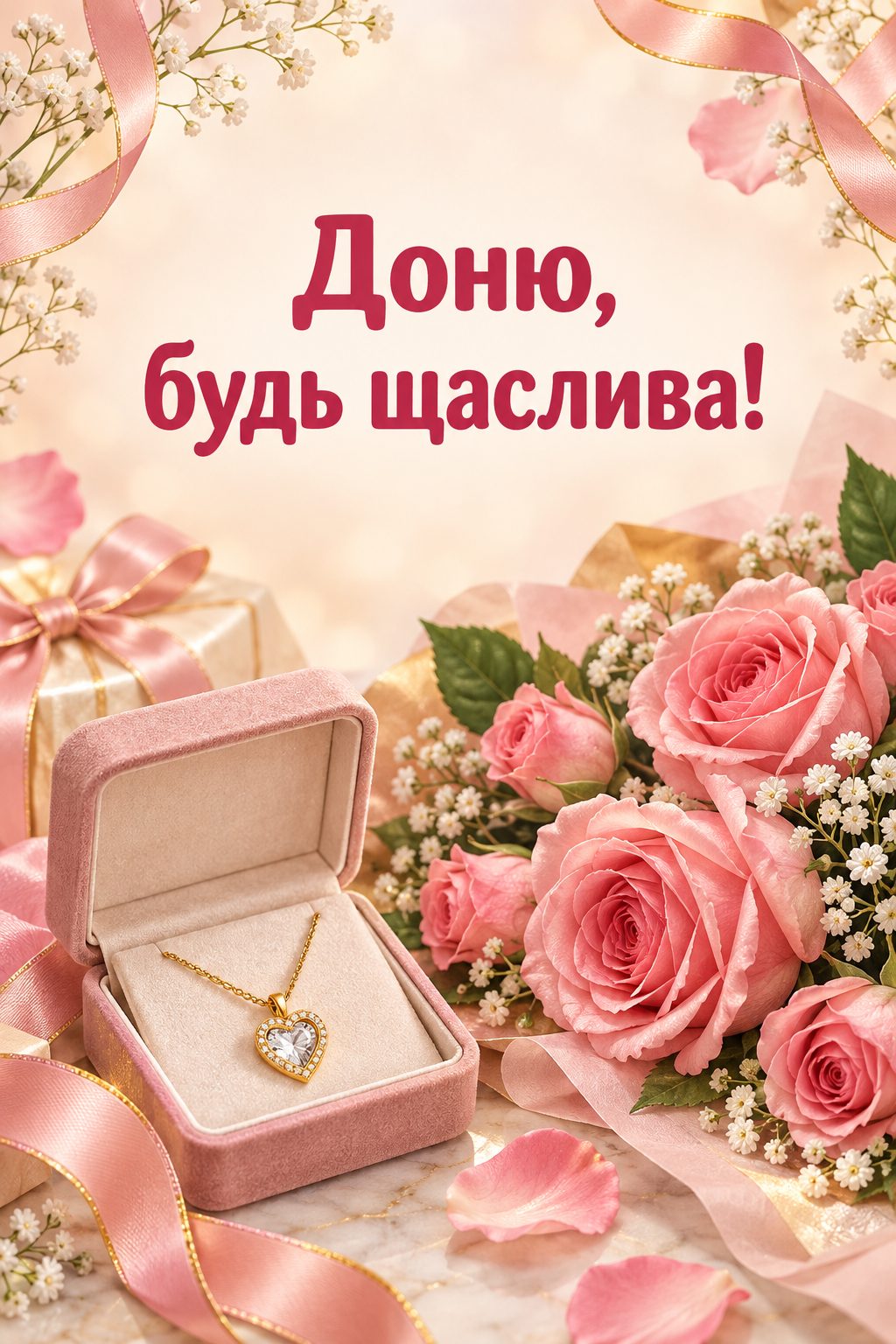 Листівка з днем народження молодій жінці: скринька з кулоном і рожеві троянди, напис «Доню, будь щаслива!»
