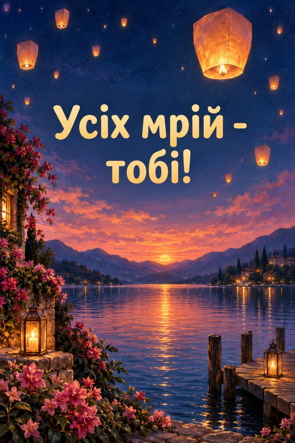 Листівка з днем народження молодій жінці: паперовий ліхтарик над озером, напис «Усіх мрій - тобі!»