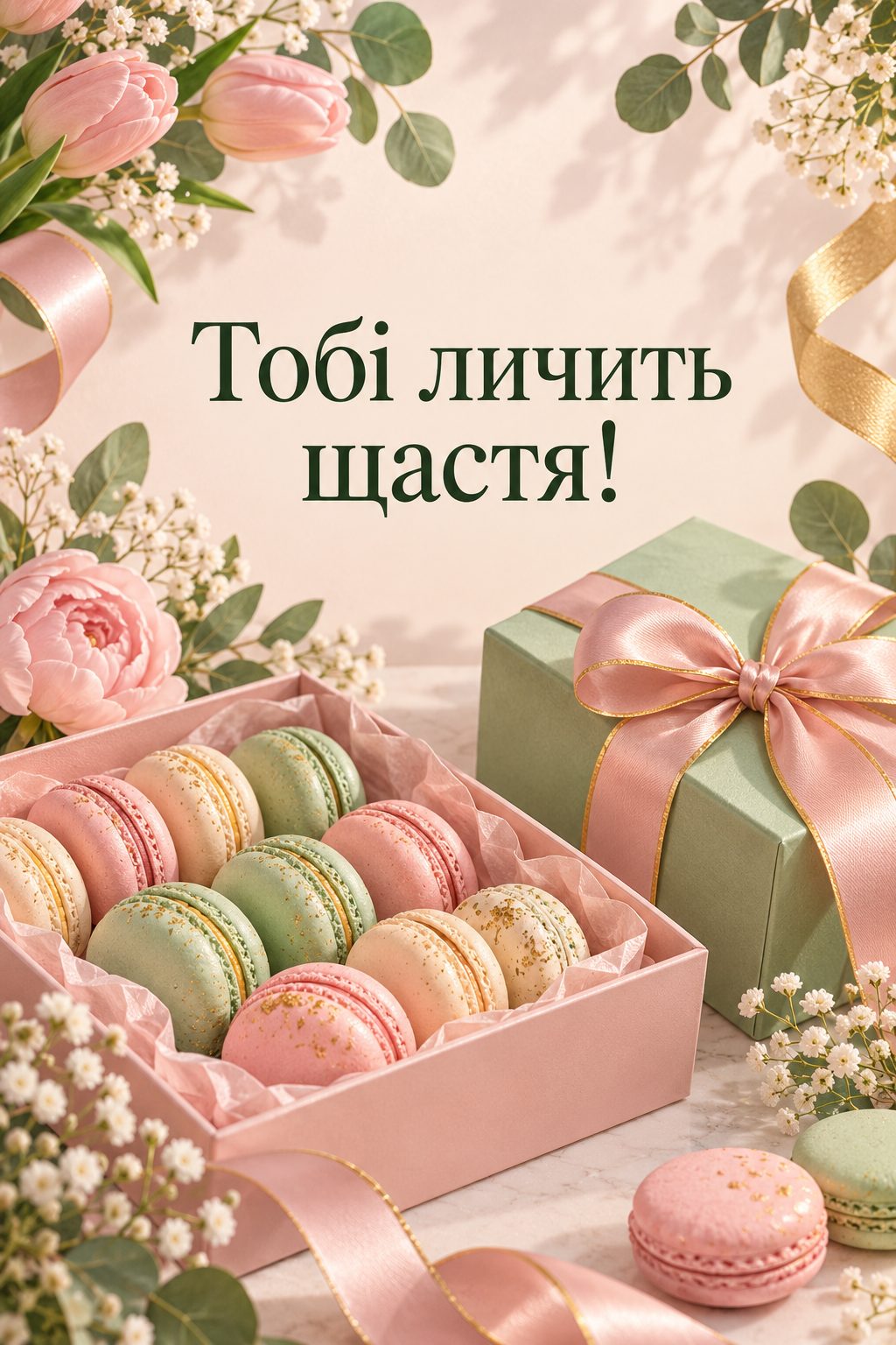 Листівка з днем народження молодій жінці: коробка макарунів і подарунок з атласною стрічкою, напис «Тобі личить щастя!»