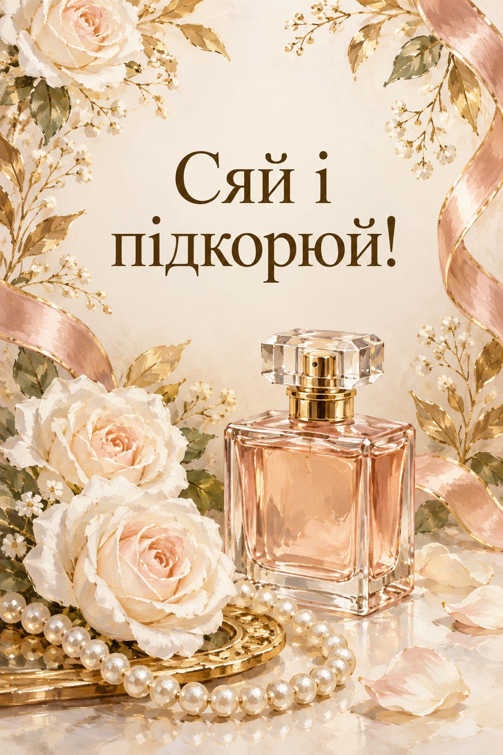 Листівка з днем народження молодій жінці: флакон парфумів, перли й білі троянди, напис «Сяй і підкорюй!»