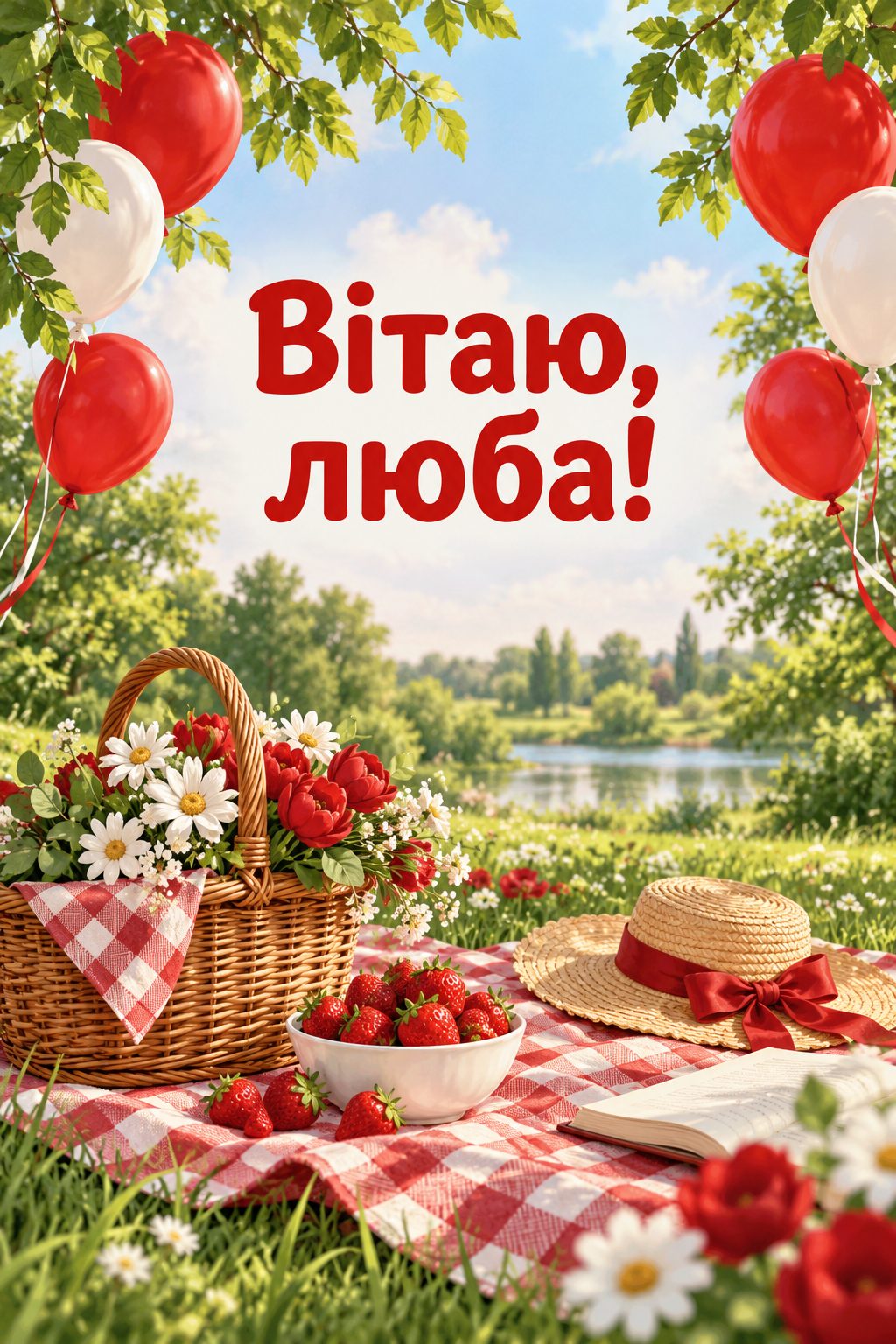 Листівка з днем народження молодій жінці: плед для пікніка, кошик, полуниці й кульки, напис «Вітаю, люба!»