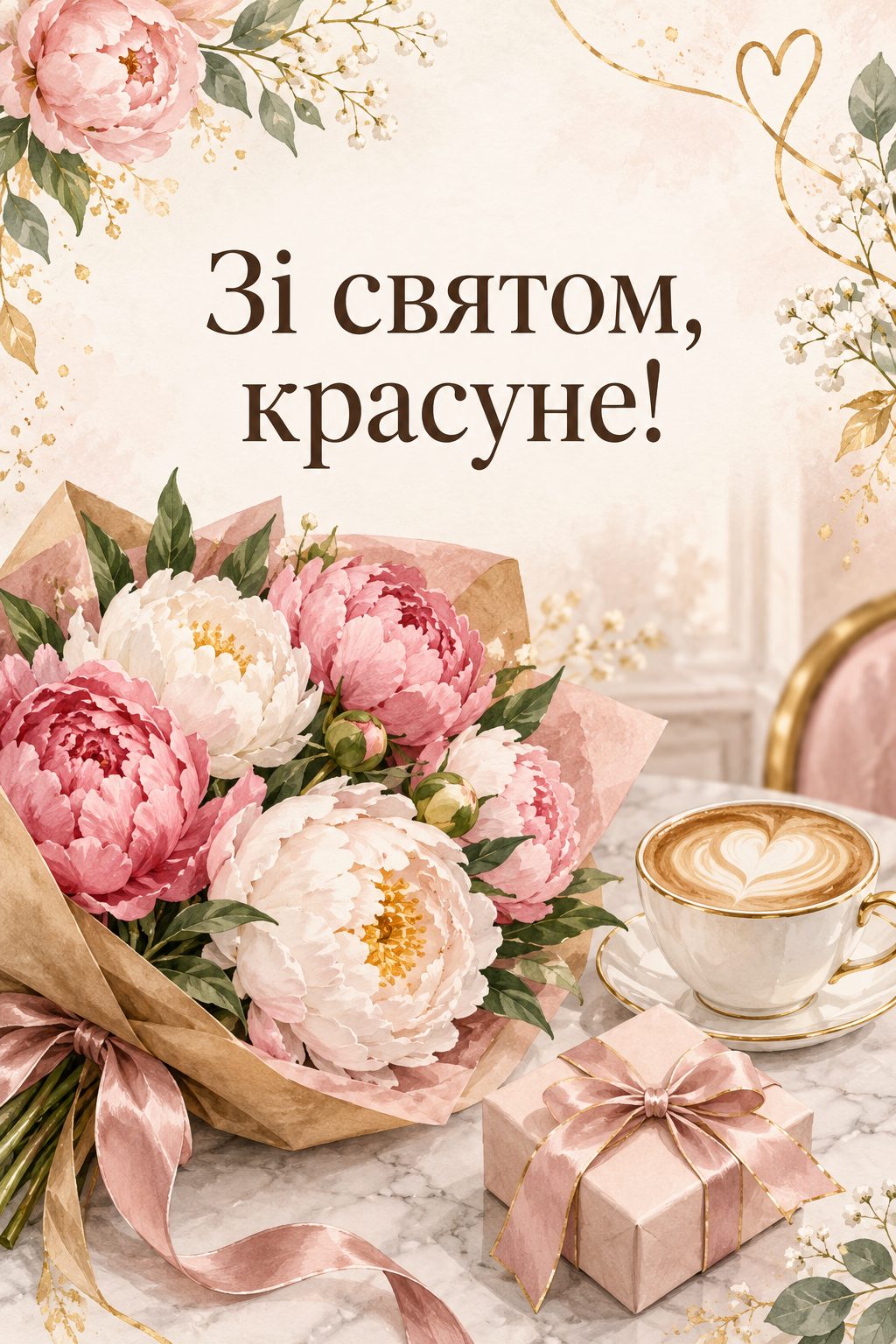 Листівка з днем народження молодій жінці: букет півоній, капучино й подарунок на мармуровому столику, напис «Зі святом, красуне!»