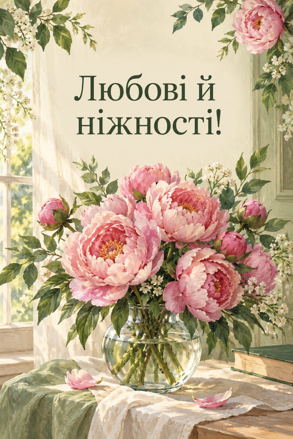 Листівка з днем народження молодій жінці: пишний букет рожевих півоній у вазі, напис «Любові й ніжності!»