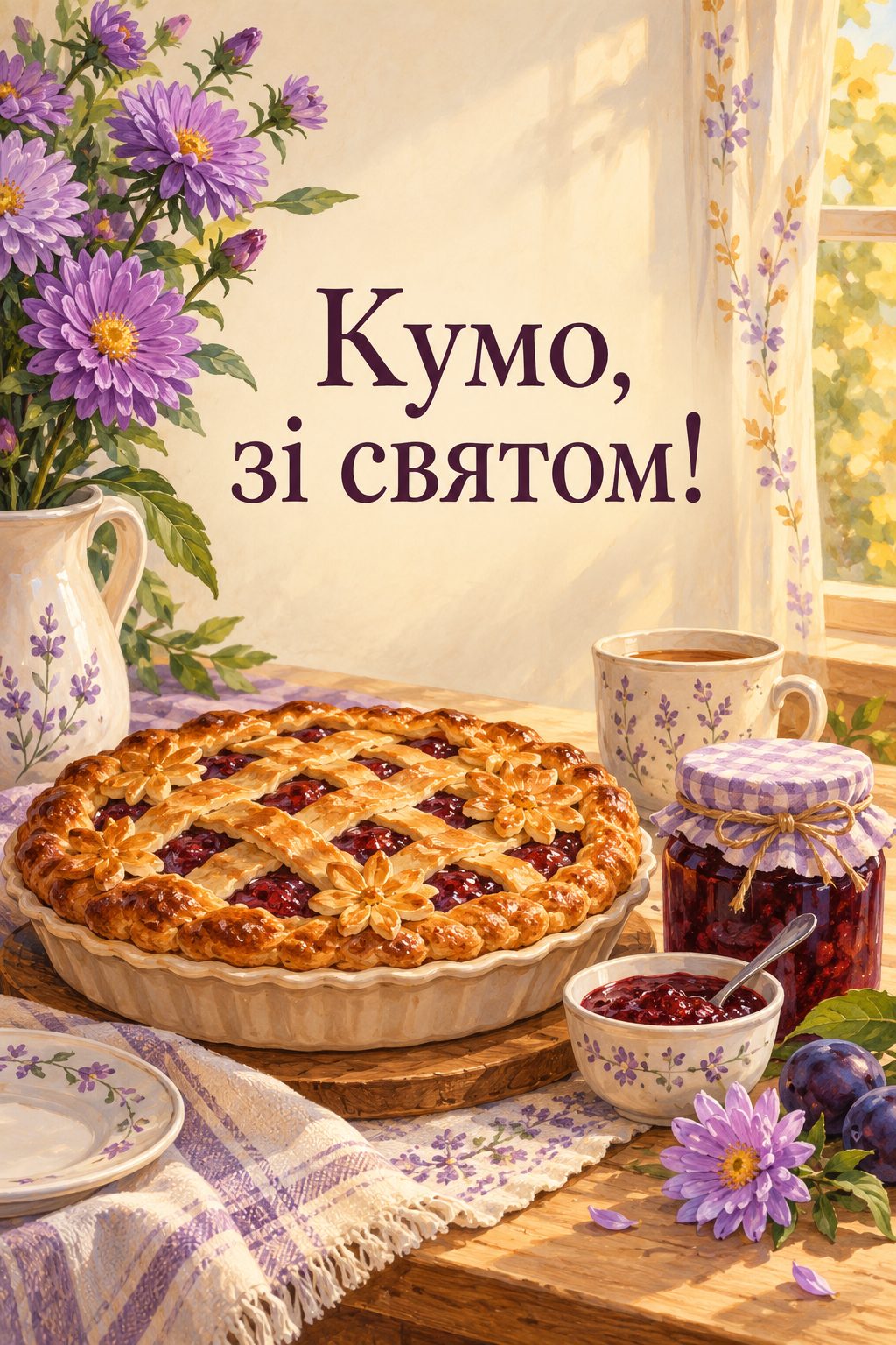 Листівка з днем народження молодій жінці: домашній пиріг, варення й букет айстр, напис «Кумо, зі святом!»