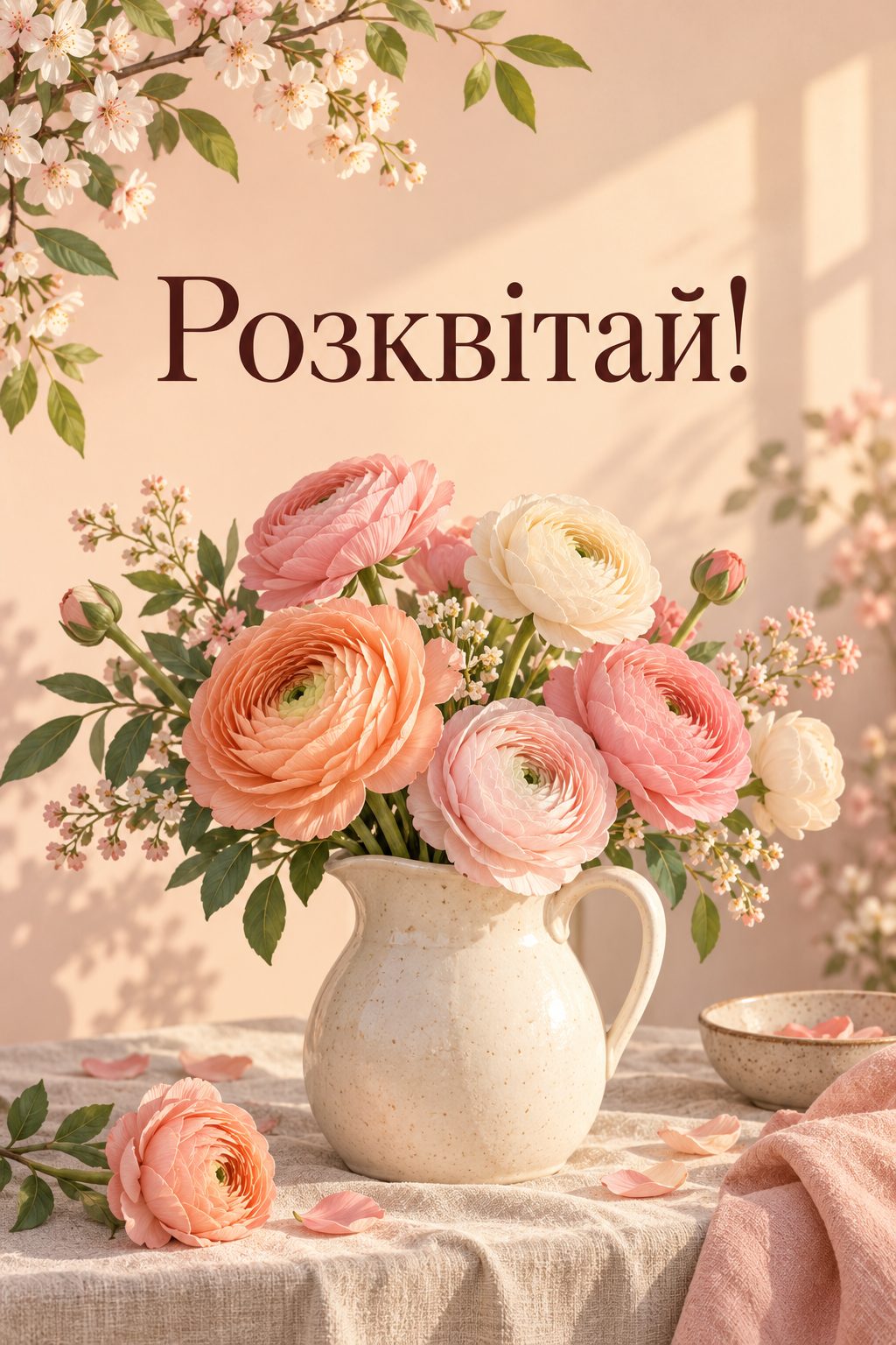 Листівка з днем народження молодій жінці: ранункулюси в керамічному глечику, напис «Розквітай!»