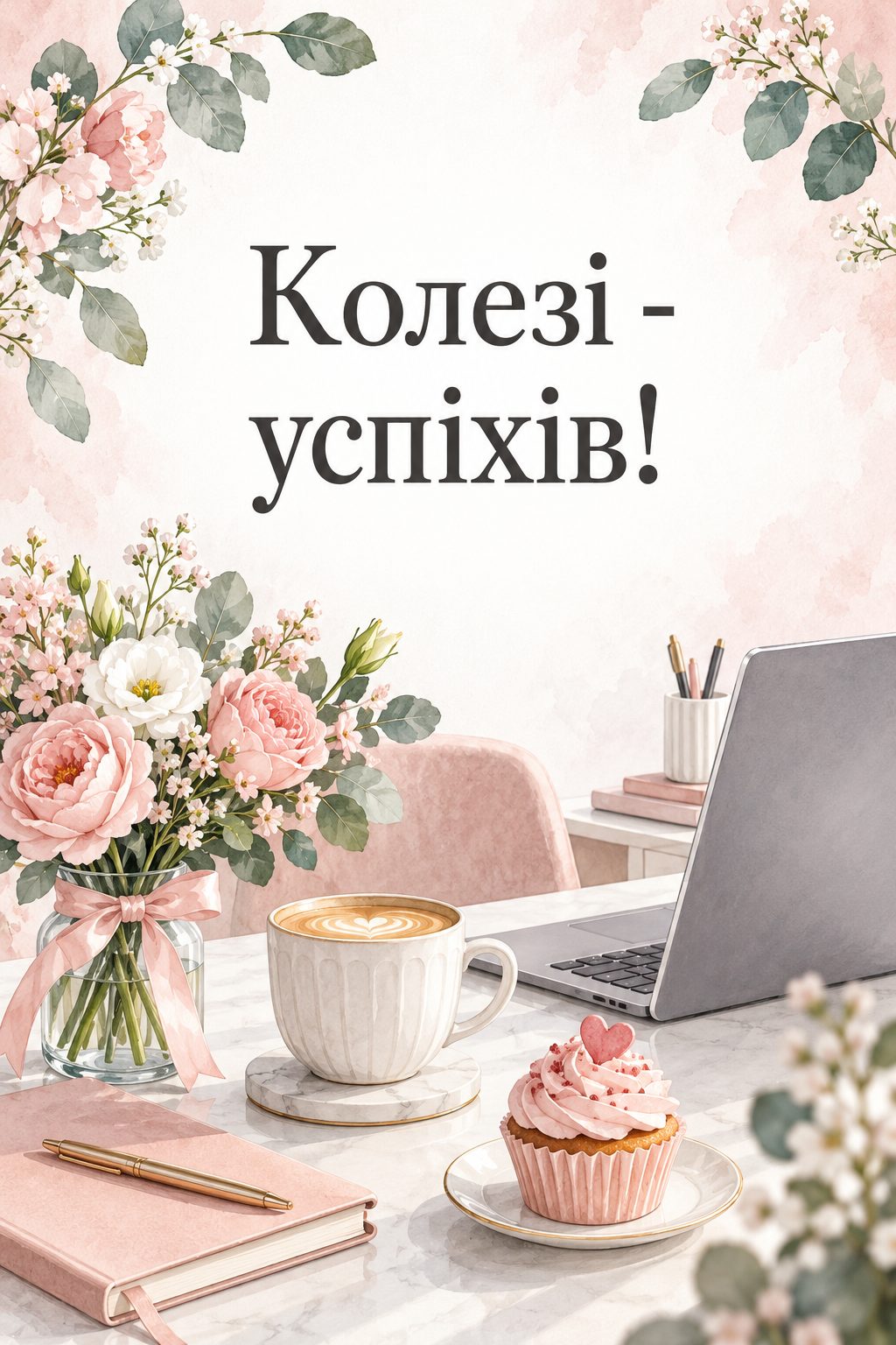 Листівка з днем народження молодій жінці: ноутбук, кава, букетик і капкейк на робочому столі, напис «Колезі - успіхів!»