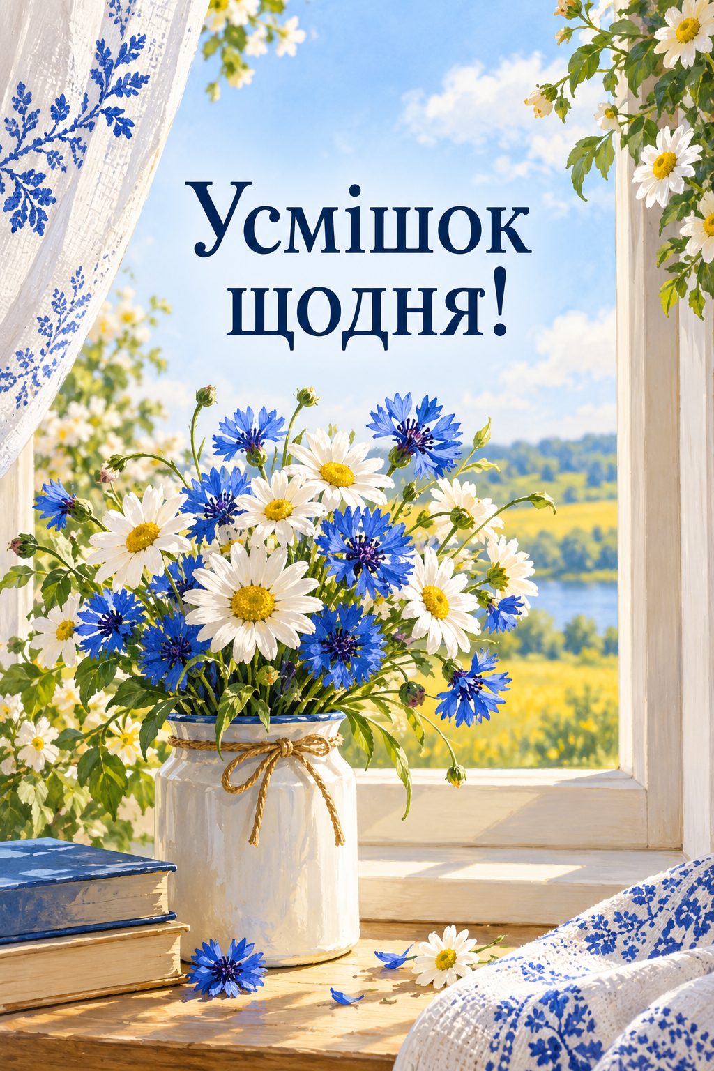 Листівка з днем народження молодій жінці: ромашки й волошки у слоїку на підвіконні, напис «Усмішок щодня!»