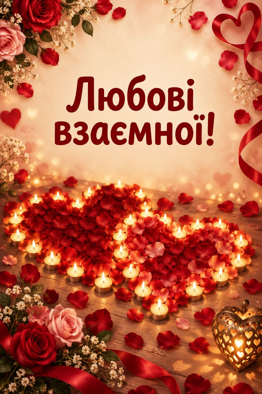 Листівка з днем народження молодій жінці: два серця з пелюсток троянд і свічки, напис «Любові взаємної!»