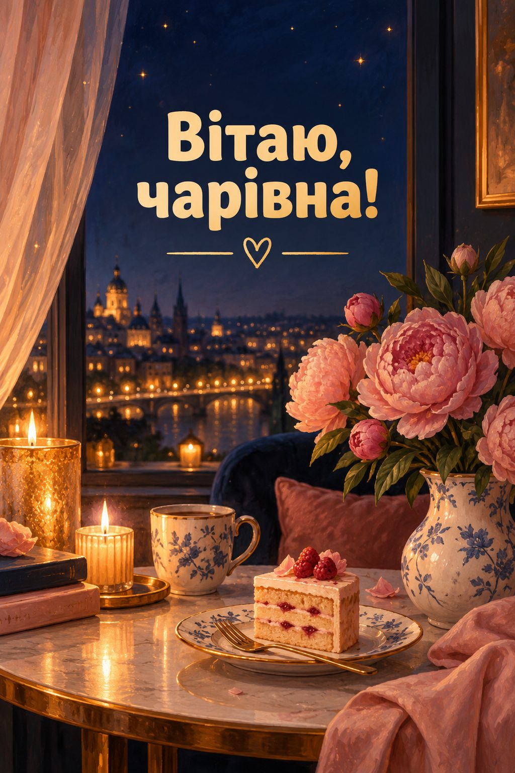 Листівка з днем народження молодій жінці: свічки, півонії й торт біля вечірнього вікна, напис «Вітаю, чарівна!»