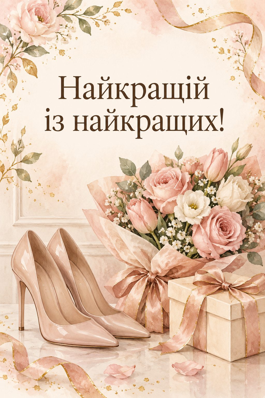 Листівка з днем народження молодій жінці: туфлі на підборах, букет і подарунок, напис «Найкращій із найкращих!»
