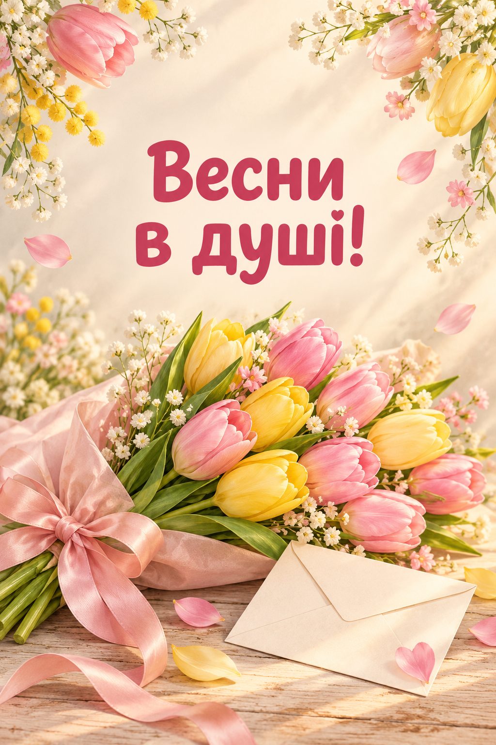 Листівка з днем народження молодій жінці: оберемок тюльпанів зі стрічкою й конверт, напис «Весни в душі!»
