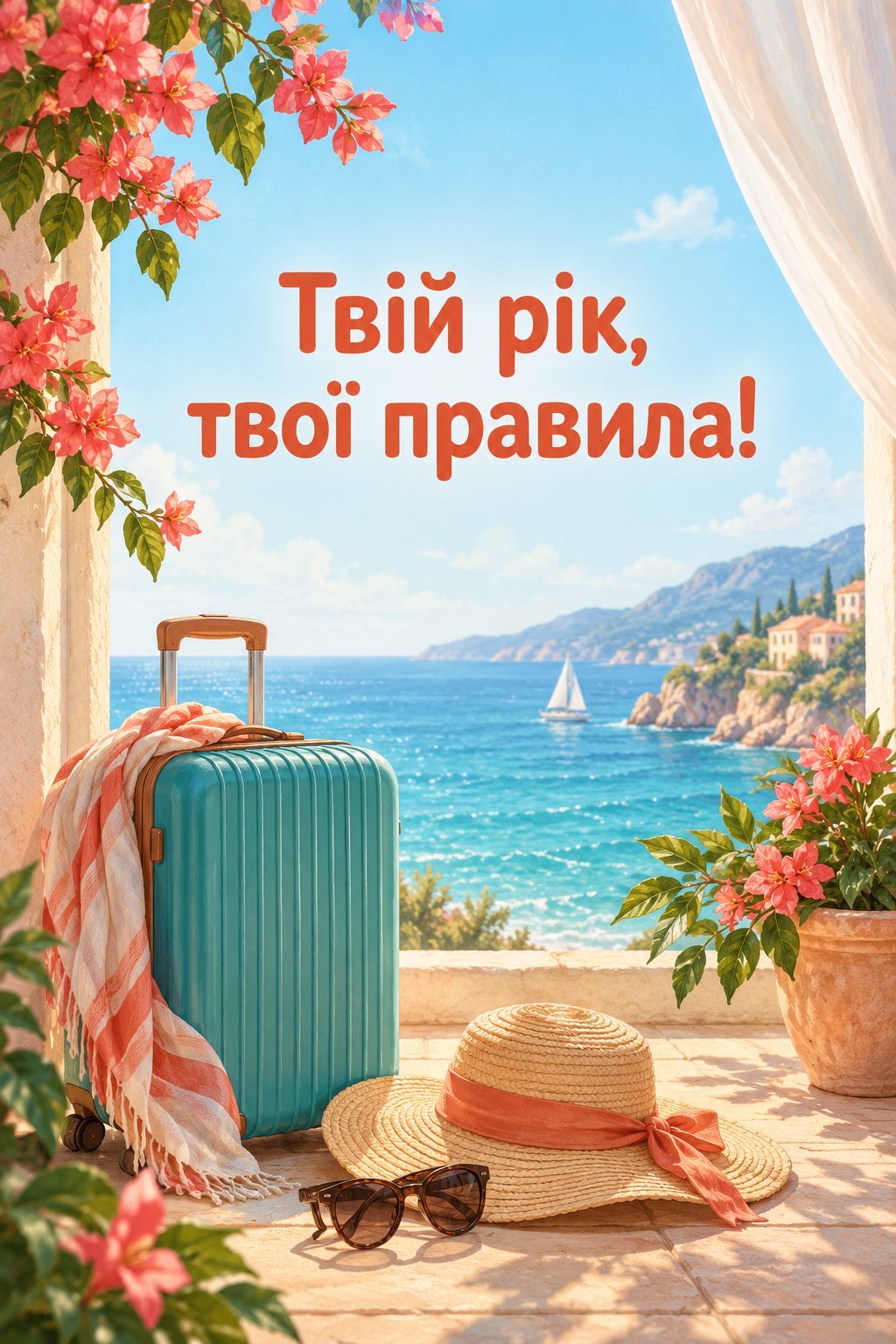 Листівка з днем народження молодій жінці: валіза, капелюх і окуляри біля вікна з видом на море, напис «Твій рік, твої правила!»