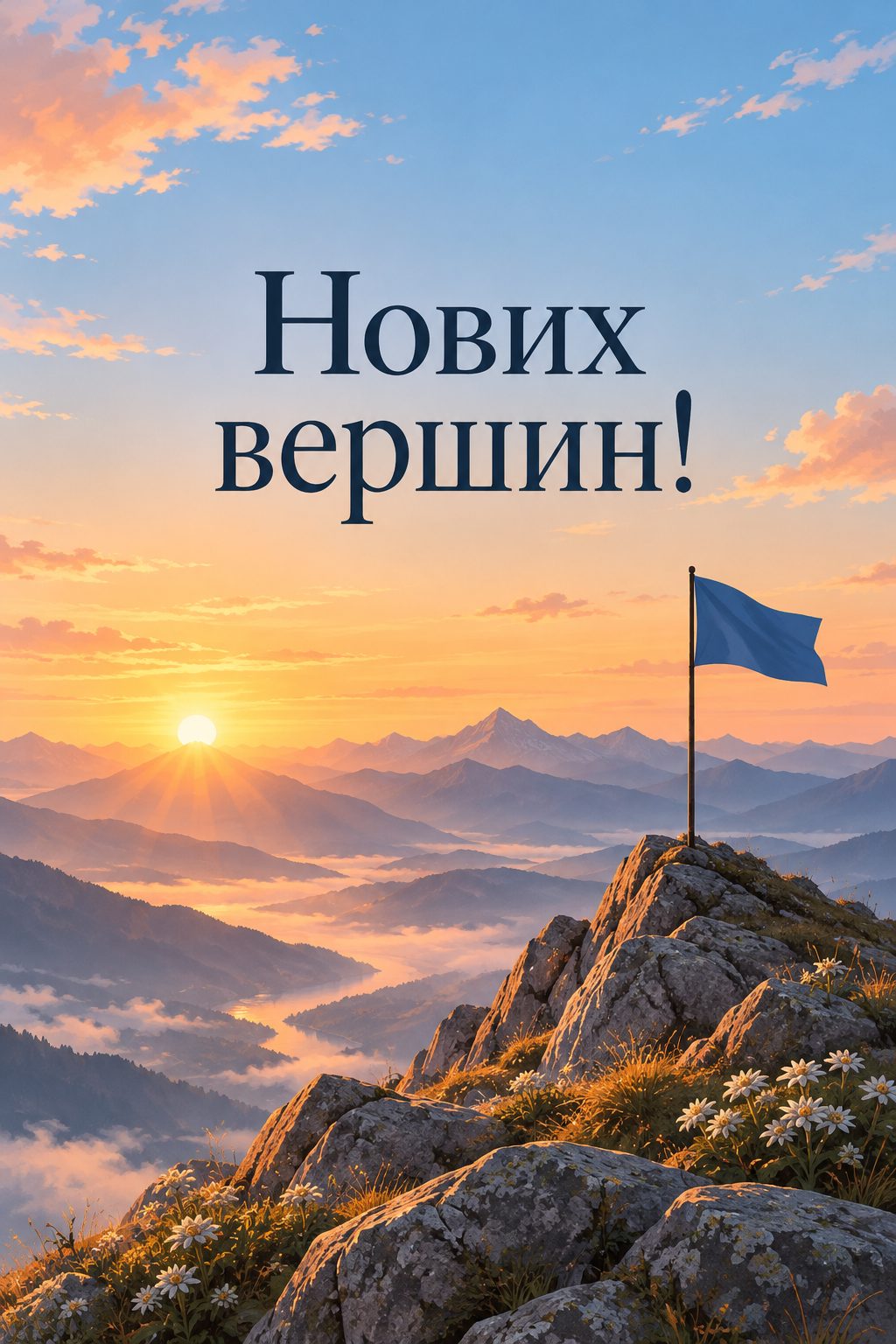 Листівка з днем народження молодій жінці: гірська вершина на світанку з прапорцем, напис «Нових вершин!»