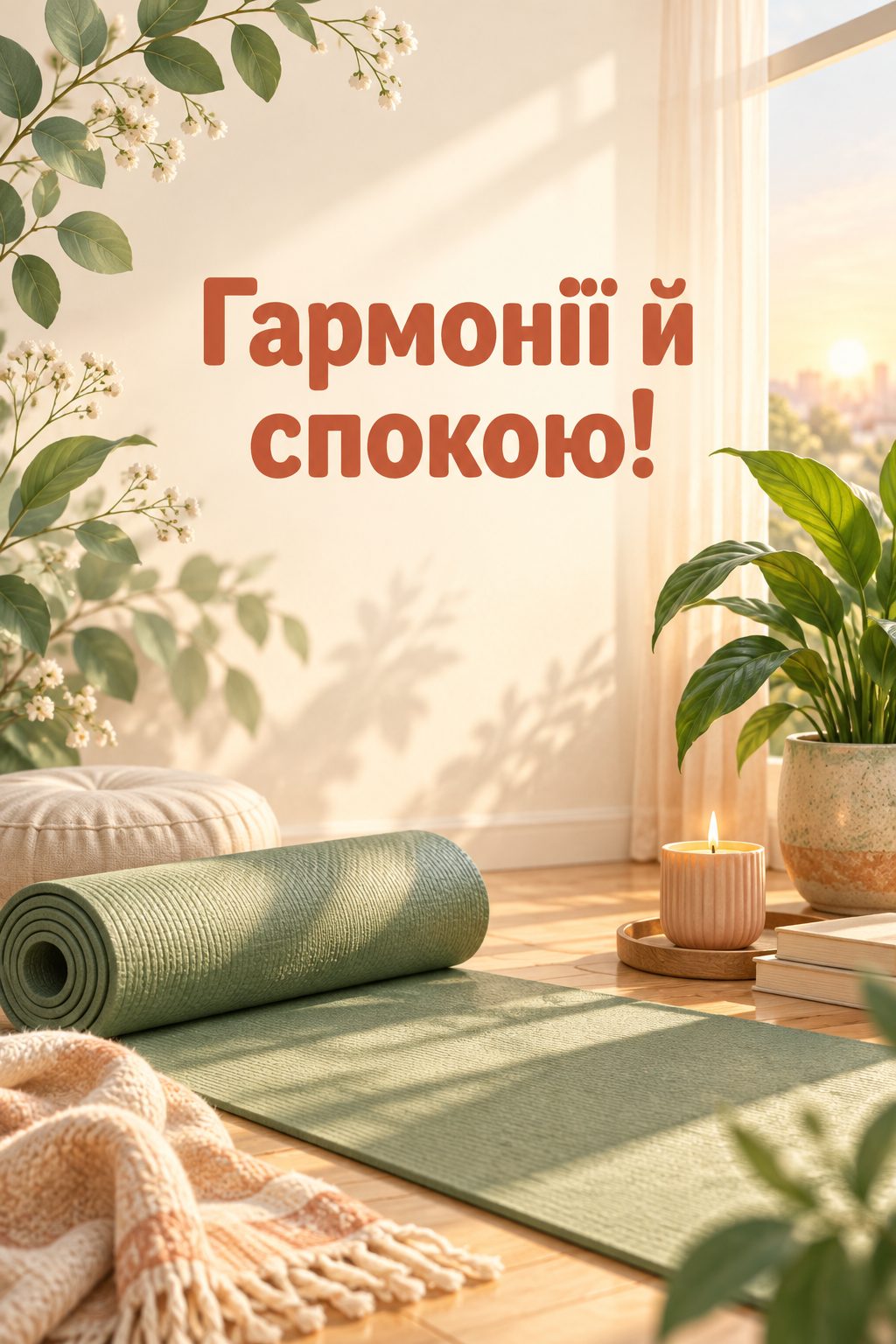 Листівка з днем народження молодій жінці: килимок для йоги, свічка й вазон, напис «Гармонії й спокою!»