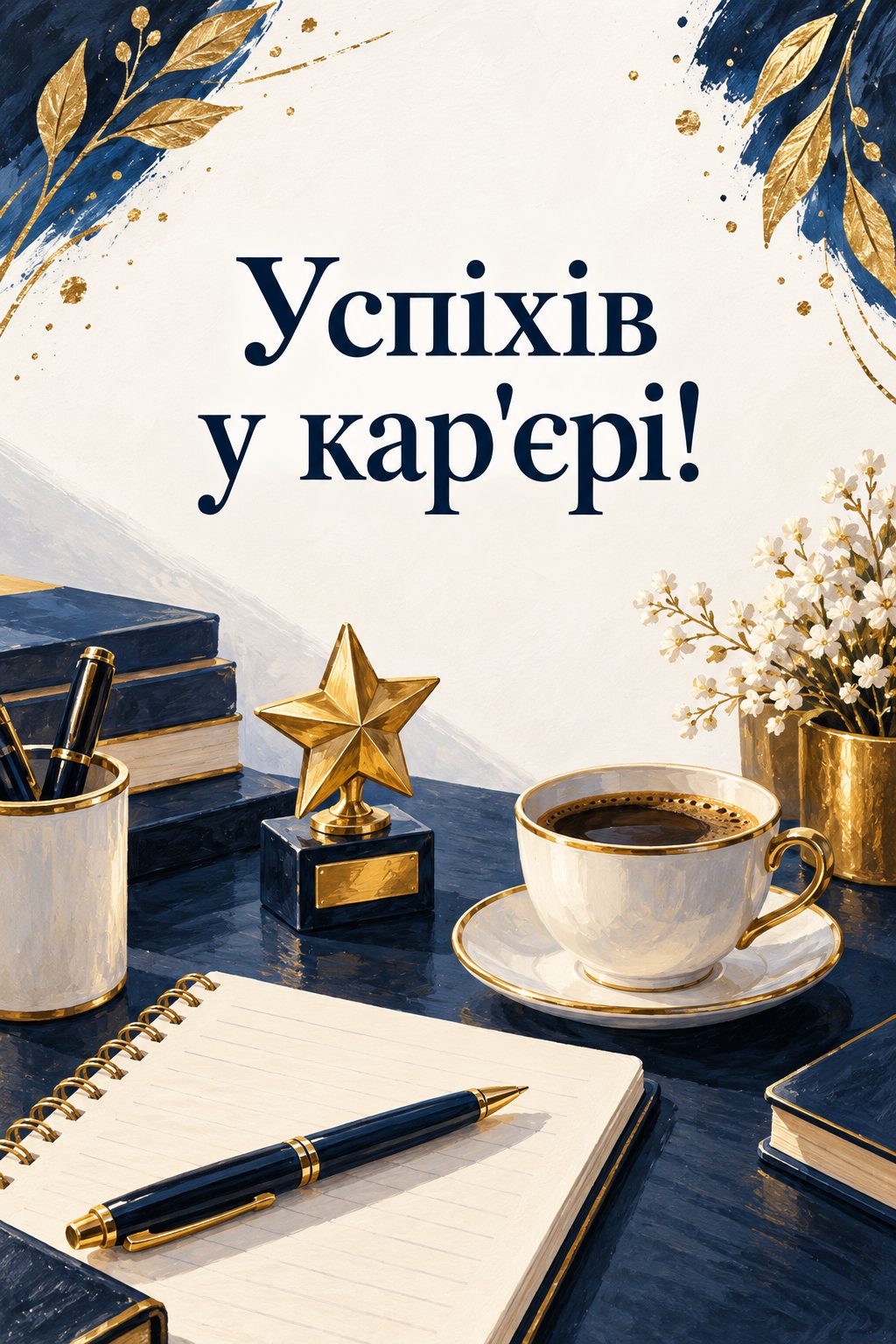 Листівка з днем народження молодій жінці: записник, ручка, кава й зірка-нагорода, напис «Успіхів у кар'єрі!»