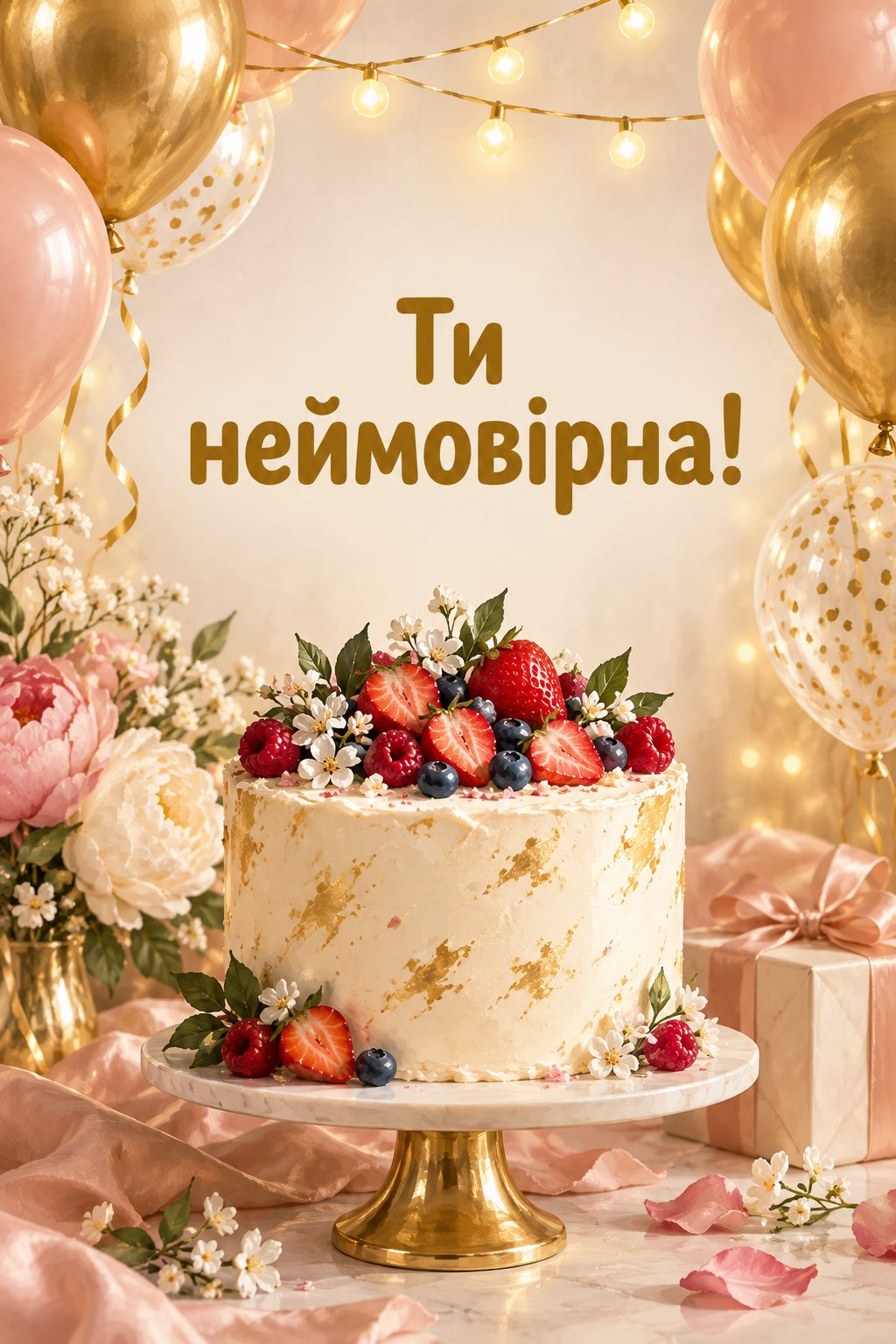 Листівка з днем народження молодій жінці: золоті й пудрові кульки над тортом із ягодами, напис «Ти неймовірна!»