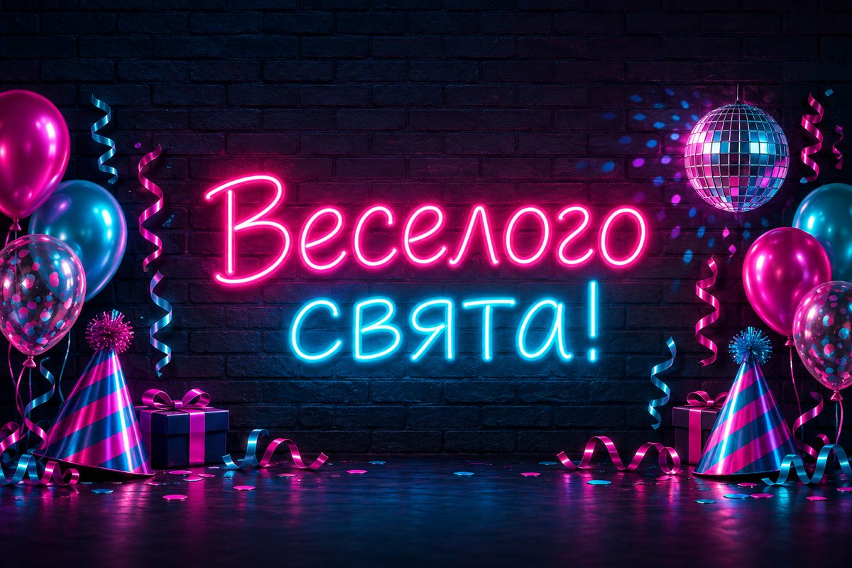 Листівка з днем народження: неонова вечірка, напис «Веселого свята!»