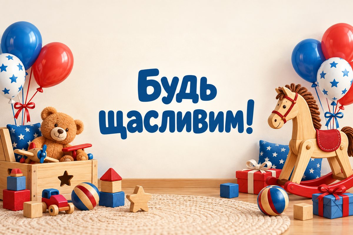 Листівка з днем народження онуку: деревʼяні іграшки й конячка-гойдалка, напис «Будь щасливим!»