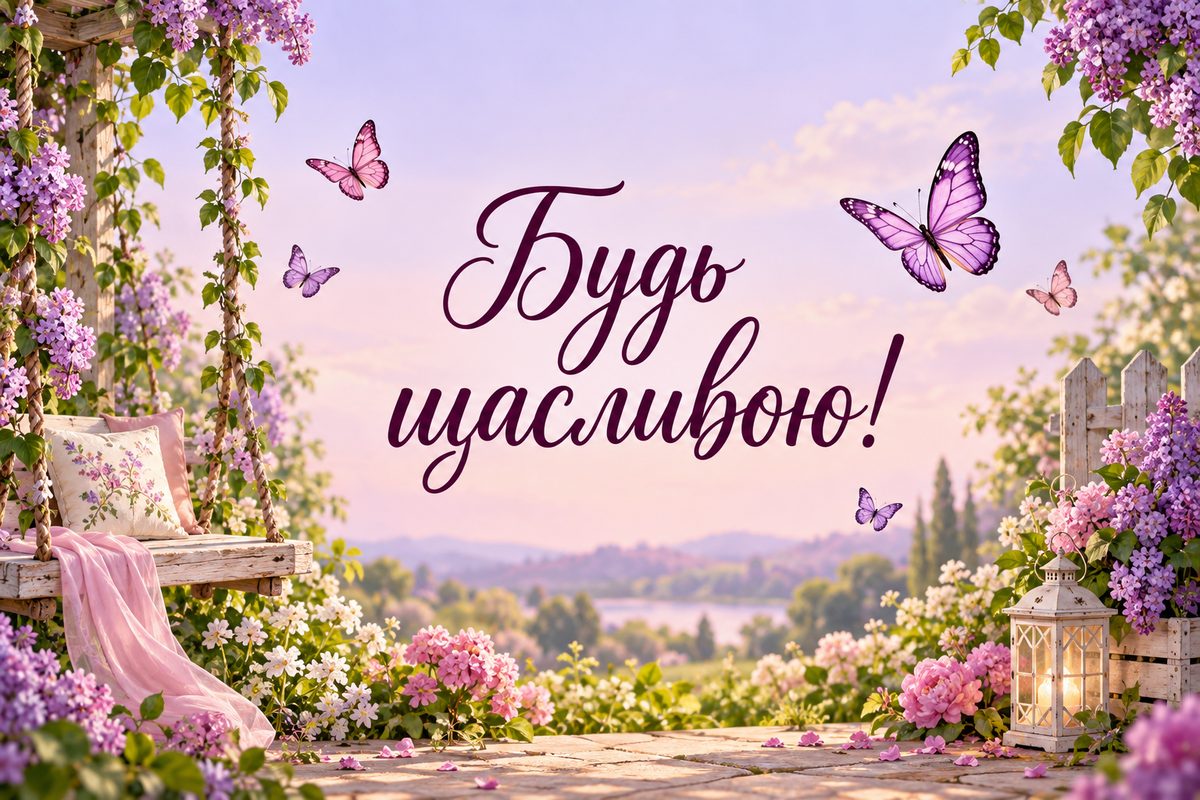 Листівка з днем народження онуку: сад із метеликами й гойдалкою, напис «Будь щасливою!»