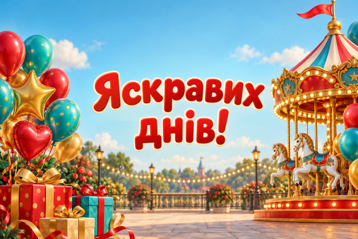 Листівка з днем народження онуку: карусель із кульками, напис «Яскравих днів!»