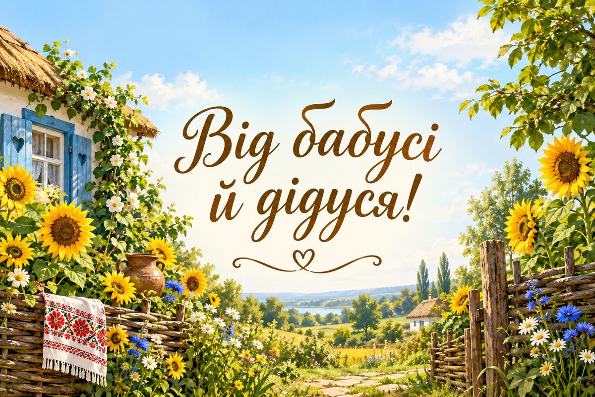 Листівка з днем народження онуку: сільська хата з соняшниками й тином, напис «Від бабусі й дідуся!»