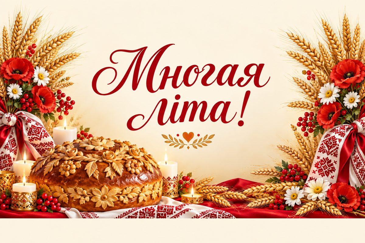 Листівка з днем народження онуку: коровай зі свічками й колосками, напис «Многая літа!»