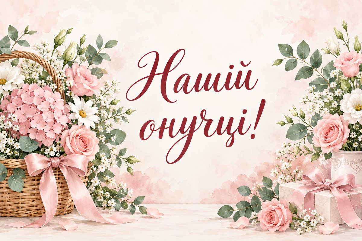 Листівка з днем народження онуку: кошик пастельних квітів, напис «Нашій онучці!»