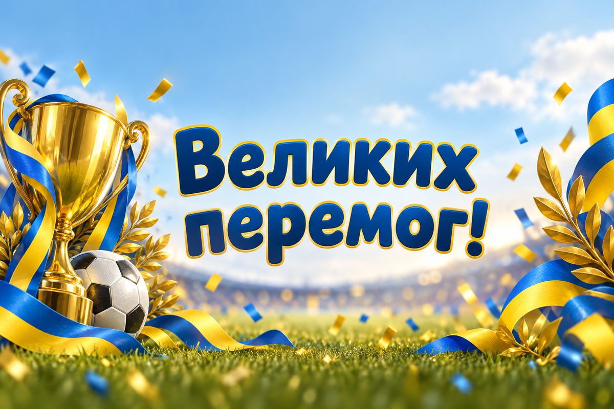 Листівка з днем народження онуку: кубок, конфеті й мʼяч, напис «Великих перемог!»