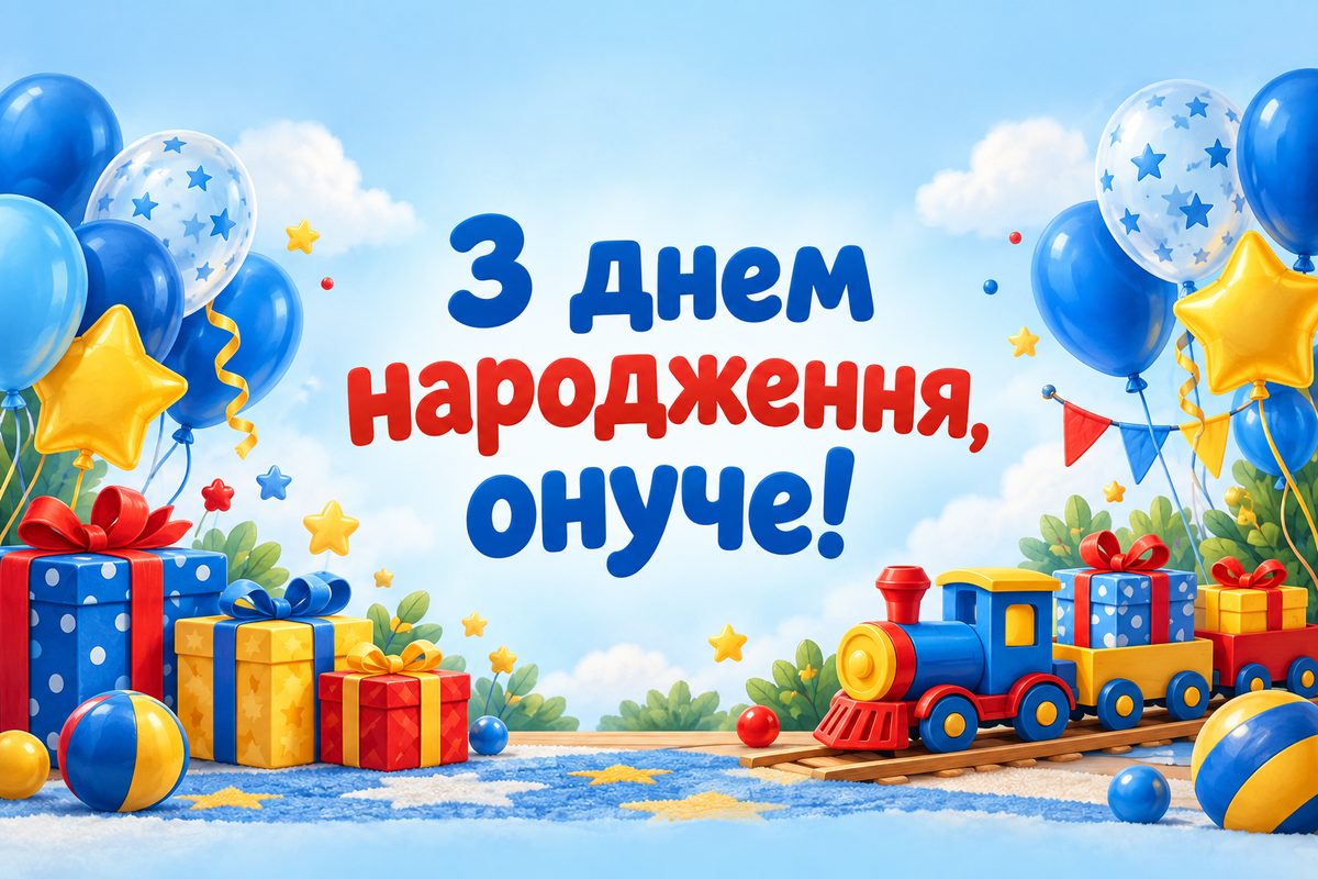 Листівка з днем народження онуку: блакитні кульки й потяг із подарунками, напис «З днем народження, онуче!»