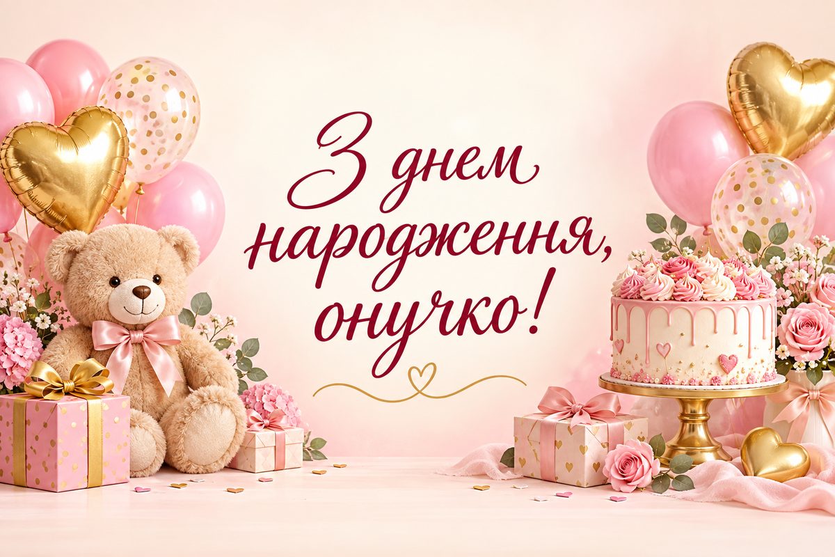 Листівка з днем народження онуку: рожеві кульки, ведмедик і тортик, напис «З днем народження, онучко!»