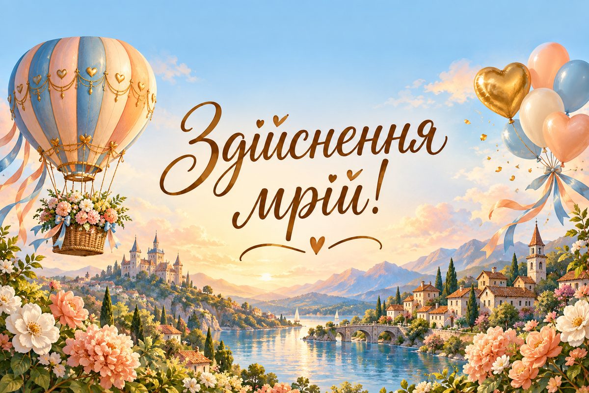 Листівка з днем народження онуку: повітряна куля над казковим селом, напис «Здійснення мрій!»