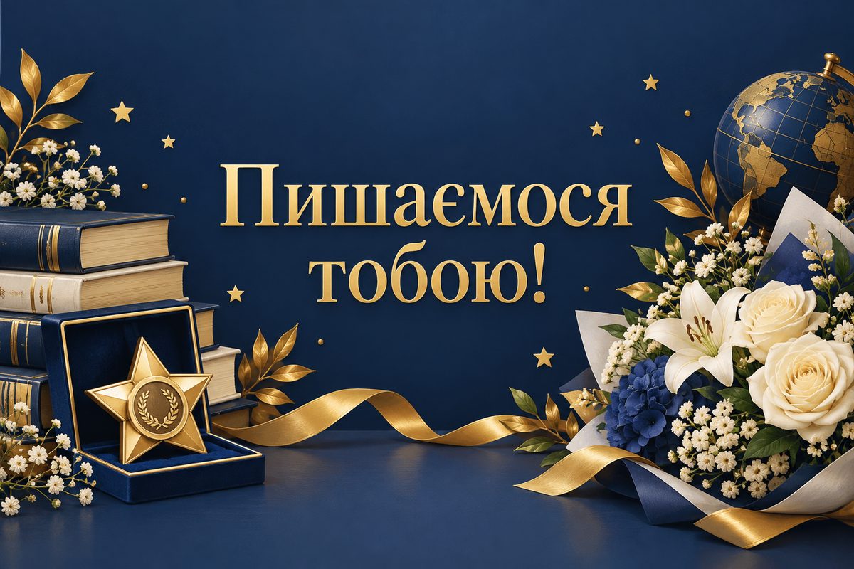 Листівка з днем народження онуку: медаль-зірка, книжки й букет, напис «Пишаємося тобою!»