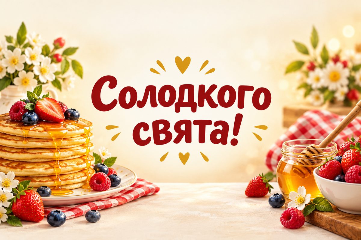 Листівка з днем народження онуку: млинці з ягодами й медом, напис «Солодкого свята!»