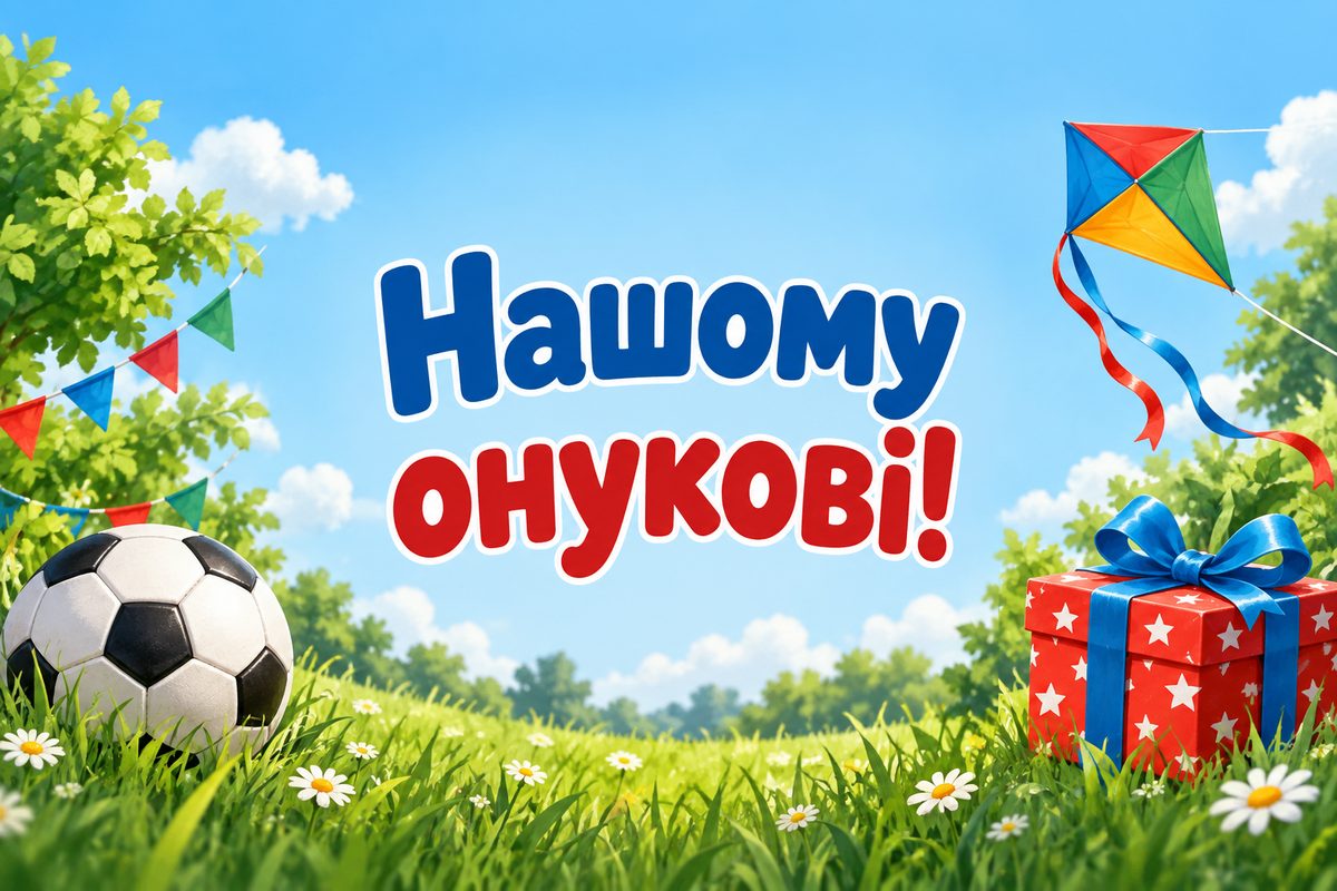 Листівка з днем народження онуку: мʼяч, повітряний змій і подарунок, напис «Нашому онукові!»