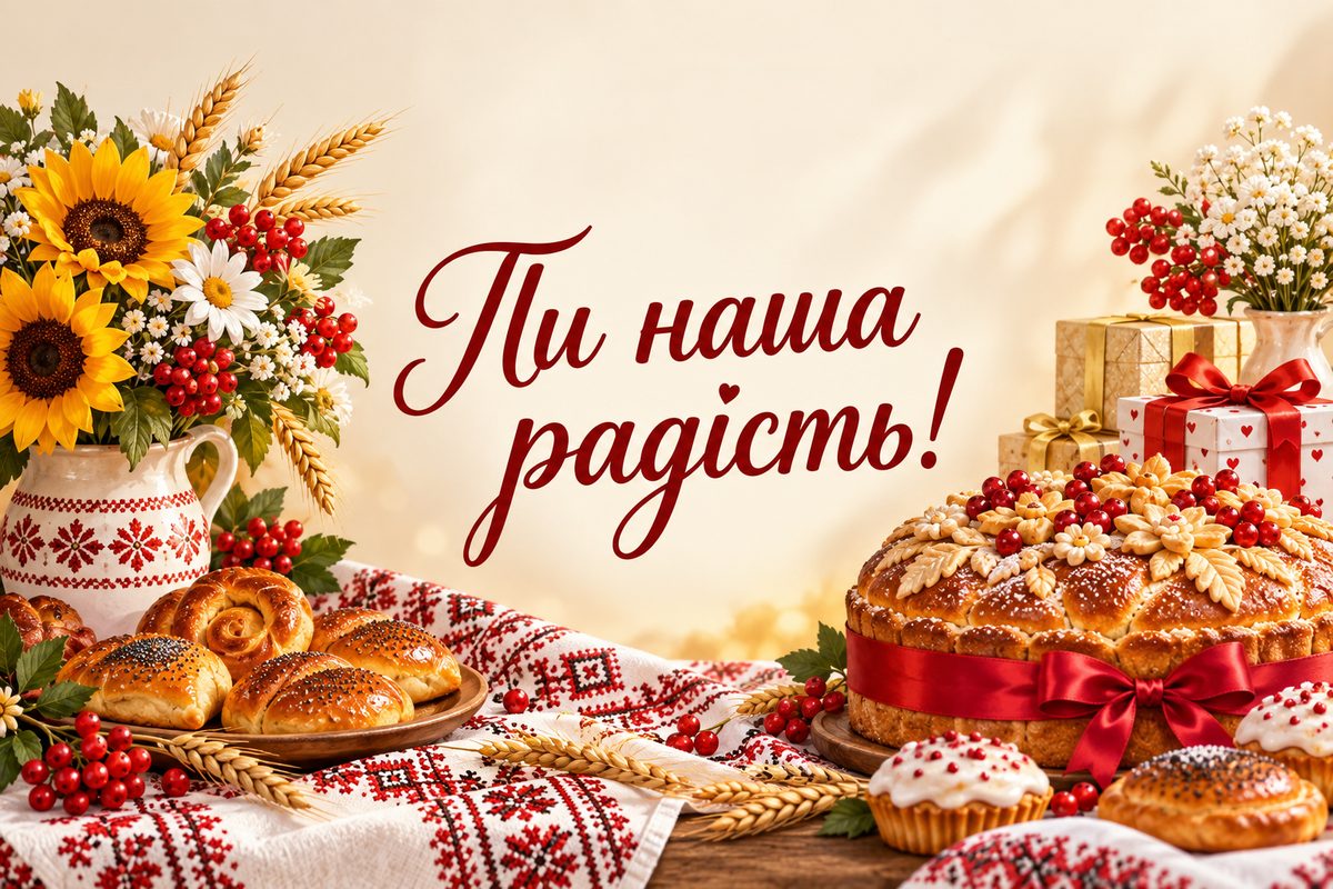 Листівка з днем народження онуку: пиріг і випічка на вишитому рушнику, напис «Ти наша радість!»