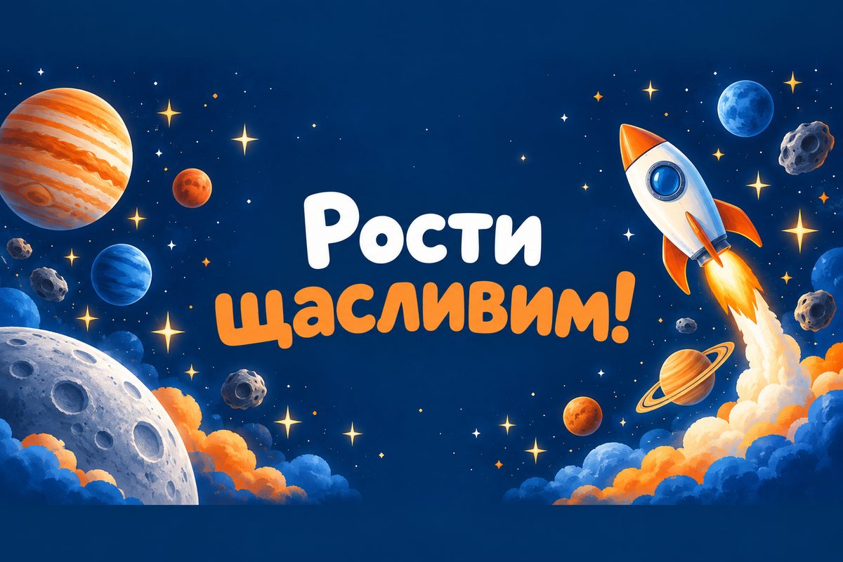 Листівка з днем народження онуку: ракета серед планет, напис «Рости щасливим!»