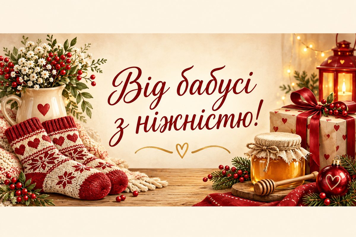 Листівка з днем народження онуку: вʼязані шкарпетки, мед і подарунок, напис «Від бабусі з ніжністю!»